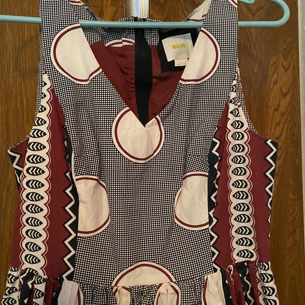 Maeve Geometric Midi Dress in Burgundy and grey  & Black sleeveless—poofy, -
